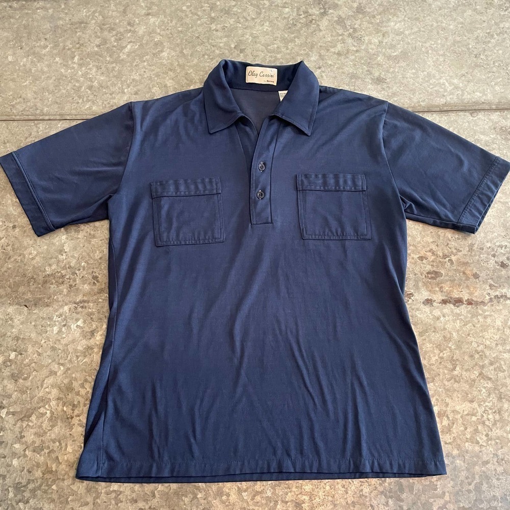 Vintage Oleg Cassini Burma 70s Disco Shirt Mens Large Blue Retro Mod Rockabilly